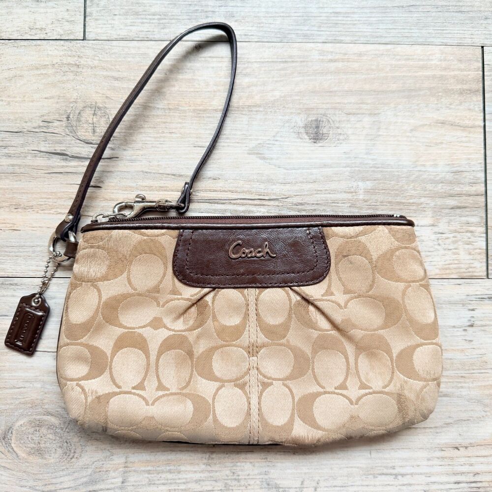 Coach Signature Pleated Wristlet Khaki Brown Y2K Jacquard Leather Trim Pouch